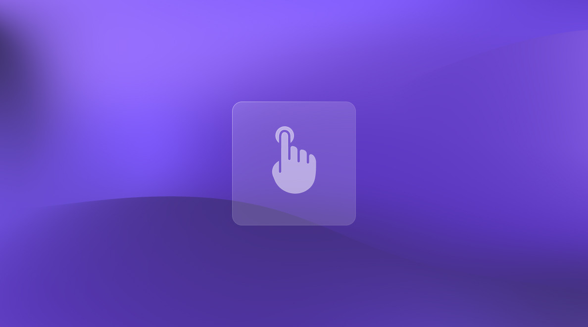 Fond violet avec une main touchant un bouton, symbolisant l'engagement utilisateur et l'adoption de produits adaptés.
