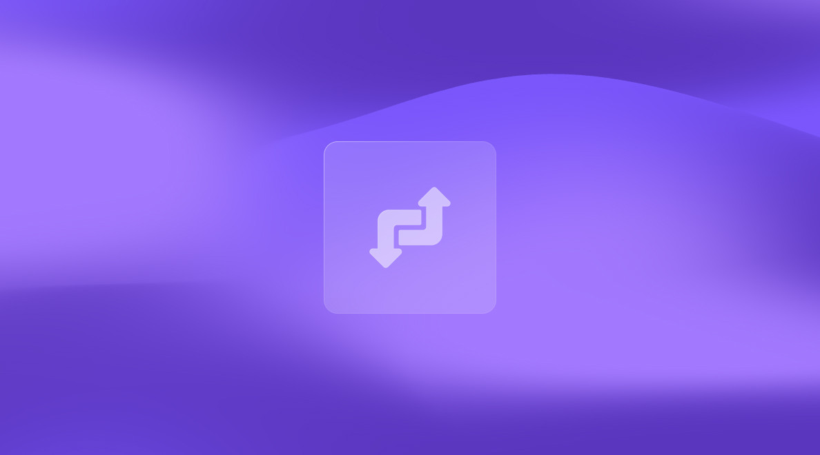 Arrière-plan violet orné d'une double flèche blanche, représentant la capacité d'adaptation et d'évolution d'un produit.