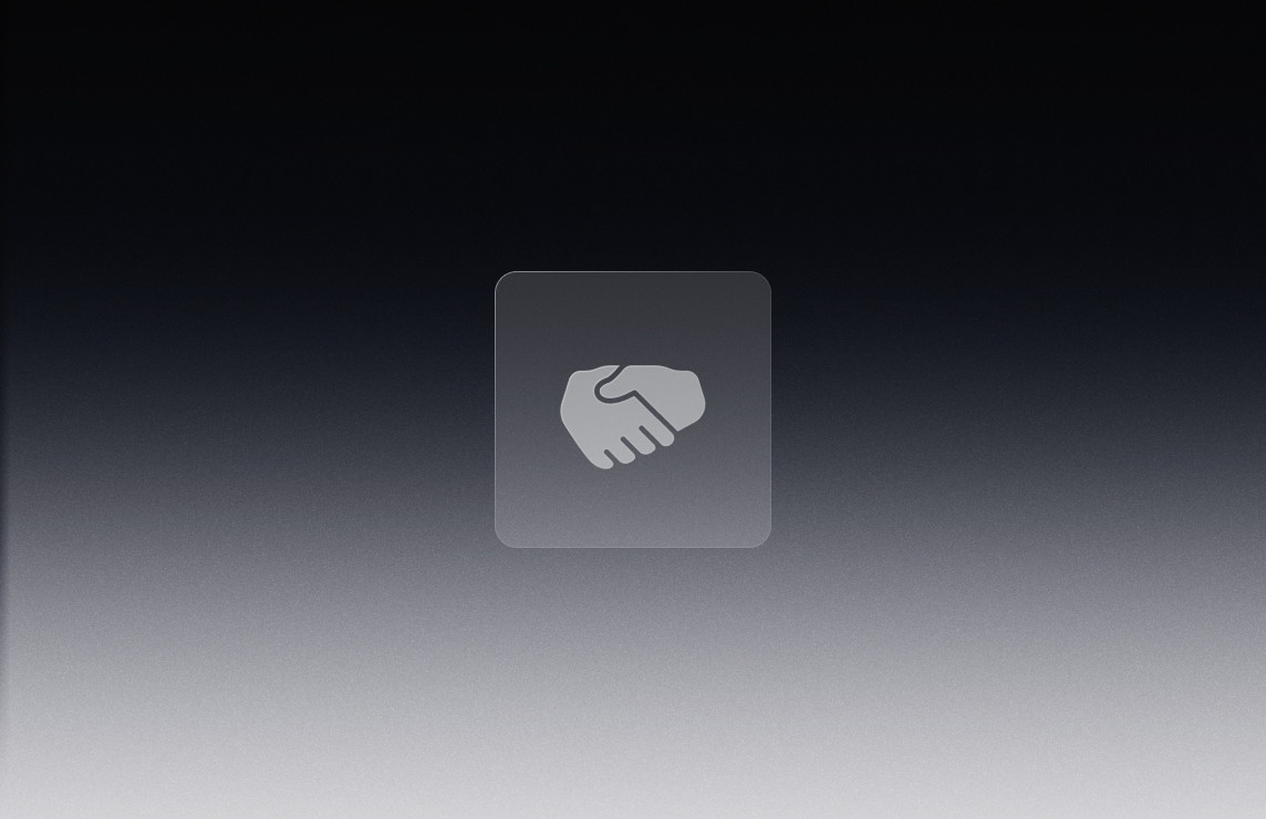 Arrière-plan sombre en dégradé noir et gris avec une icône blanche de poignée de main, illustrant l’alignement des équipes autour d’un design system cohérent.